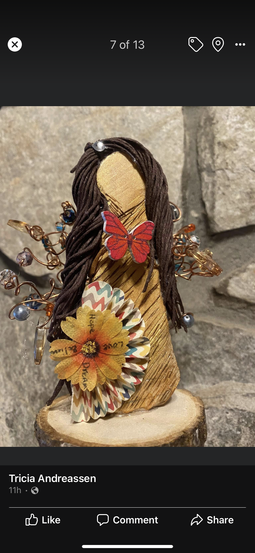 Wood Sculpture with Beaded Wire Wings Angel