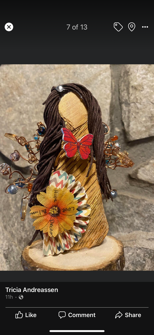 Wood Sculpture with Beaded Wire Wings Angel